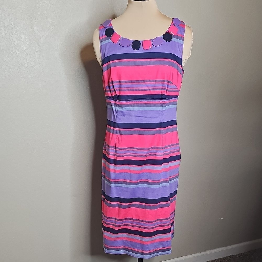 Boden 8 Pink and Purple‎ Stripe Sleeveless Sheath Dress With Jeweled Neckline